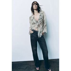 ZARA ANIMAL PRINT RUFFLED SHIRT Sheer Blouse Womens Top Size XS